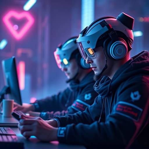 A futuristic representation of game developers collaborating with AI interfaces, visualizing the integration of AI in the development process.