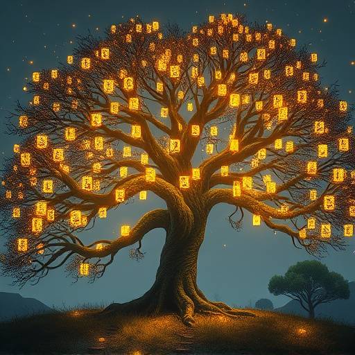 A glowing tree with code-like branches, symbolizing AI creating narrative pathways. The tree is set against a background of abstract game landscapes.