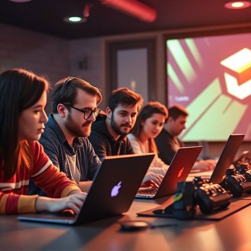 A group of diverse individuals collaborating at a game jam, working on laptops and discussing ideas, representing the spirit of community in game development.