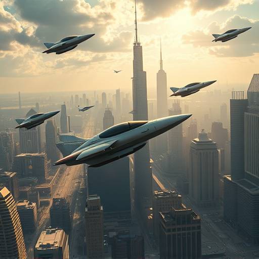 AI-generated concept art of a futuristic cityscape with flying vehicles, demonstrating the potential of AI in visualizing game worlds.