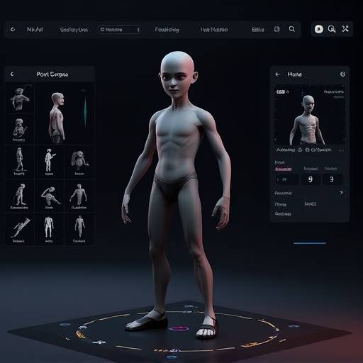 Interface of AnimAI, an AI character animation tool, showcasing a 3D character model and its pose being adjusted using AI-driven motion capture.