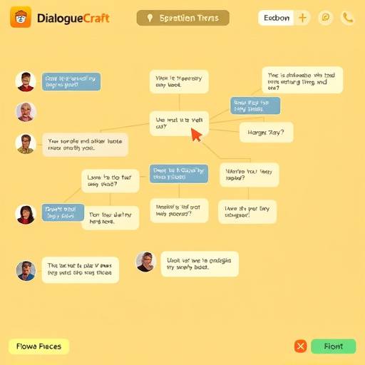 Screenshot of DialogueCraft, an AI-powered dialogue generation system, demonstrating the generation of dynamic dialogues based on player choices and character attributes.